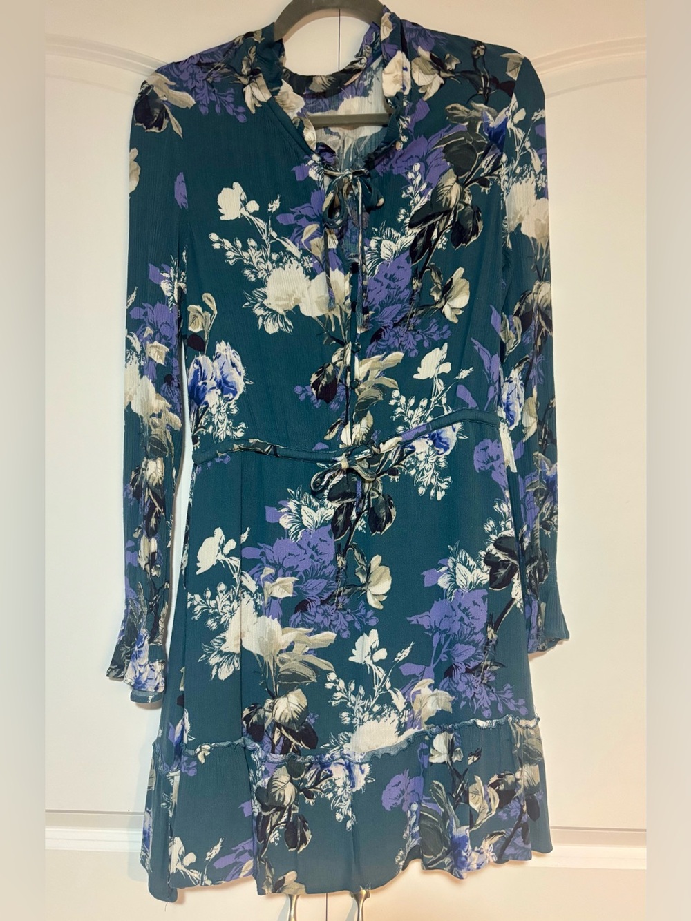 Jack by BB Dakota Floral Tie Neck Long Sleeve Mini Dress Teal Purple Boho Size S